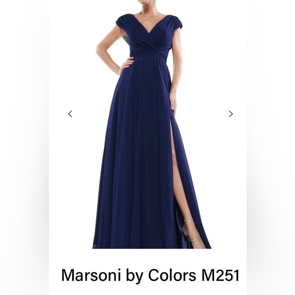 Marsoni by Colors M251 Gathered V Neck Off Shoulder A-Line Gown in Navy& SHALL - Picture 1 of 5